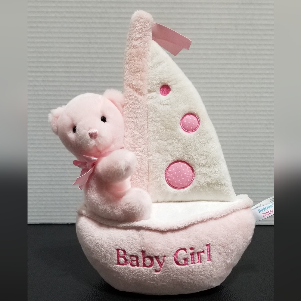 Aurora Baby Girl Stuffed Bear on Sailboat Music Box NWOT